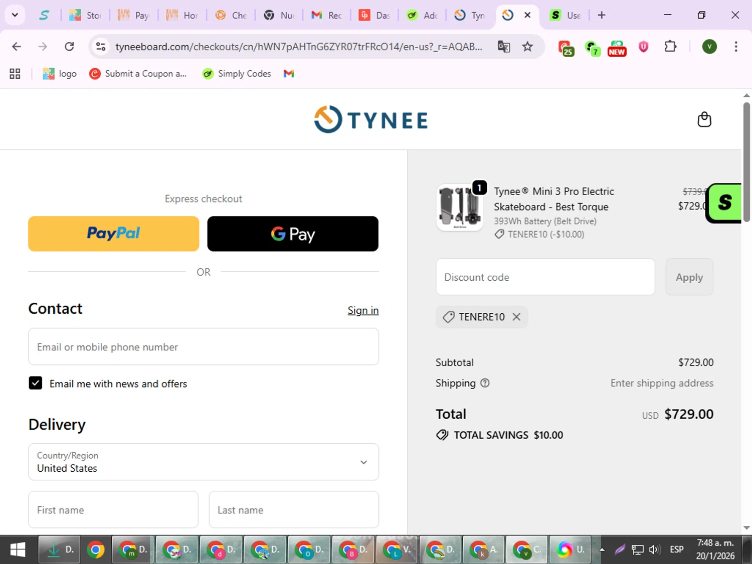 Tynee Board discount code screenshot showing code TENERE10 applied at Tynee Board checkout page. Uploaded by SimplyCodes community member ShrewdSpotter4101 on Jan 20, 2026