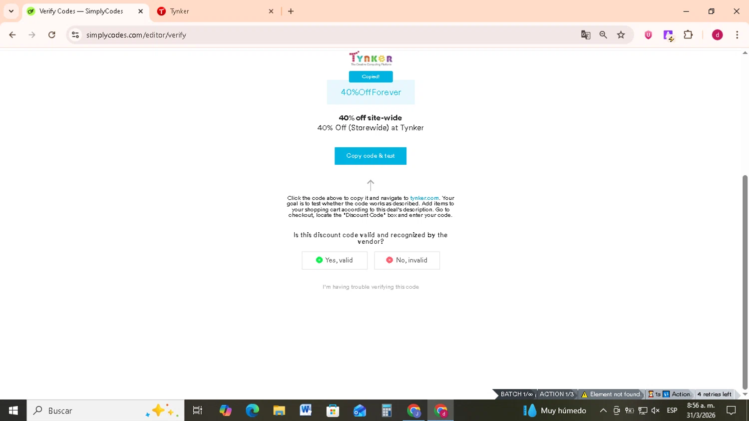 Tynker promo code screenshot showing code 40%OffForever applied at Tynker checkout page. Uploaded by SimplyCodes community member FrugalMonarch7277 on Mar 31, 2026