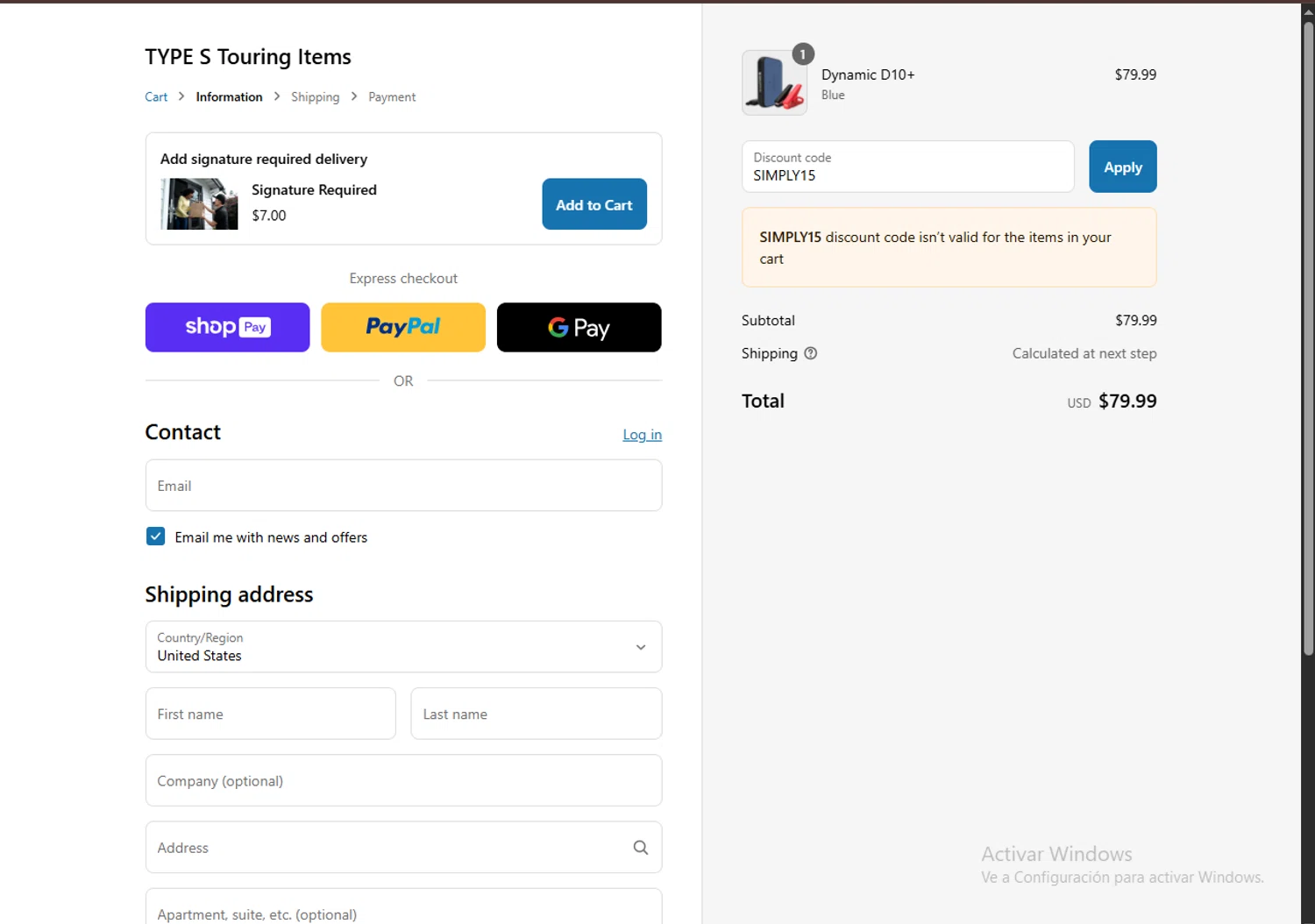 Type S promo code screenshot showing code SIMPLY15 applied at Type S checkout page. Uploaded by SimplyCodes community member CouponPro7532 on Jul 11, 2025