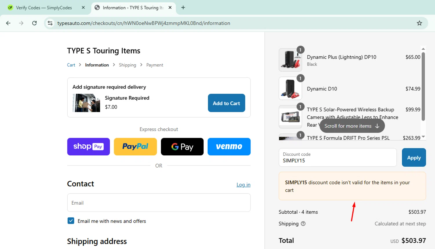 Type S promo code screenshot showing code SIMPLY15 applied at Type S checkout page. Uploaded by SimplyCodes community member Morketools on Jul 19, 2025