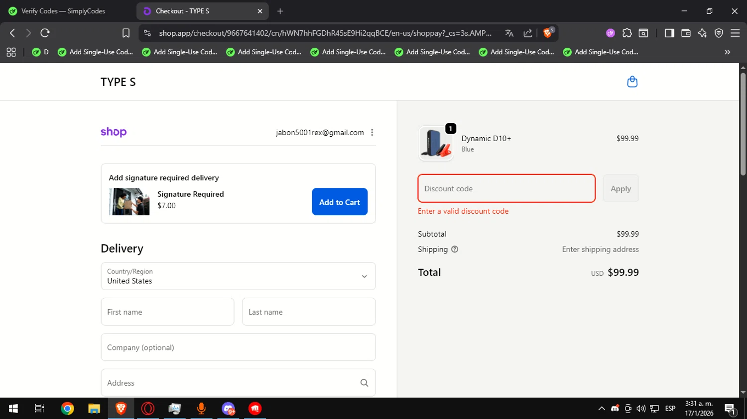 Type S promo code screenshot showing code GRILL40 applied at Type S checkout page. Uploaded by SimplyCodes community member Opeishon on Jan 17, 2026