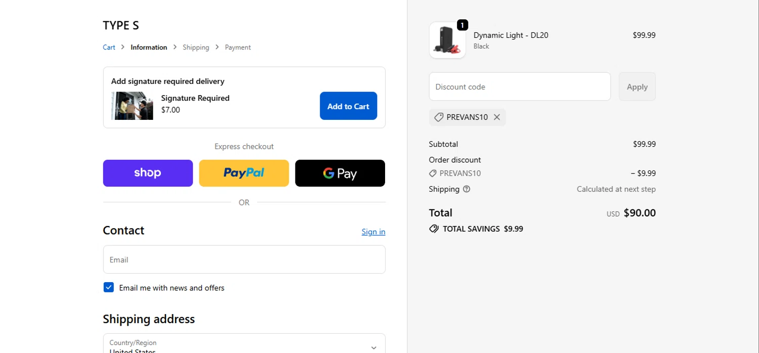 Type S promo code screenshot showing code PREVANS10 applied at Type S checkout page. Uploaded by SimplyCodes community member juanisaac on Jan 17, 2026