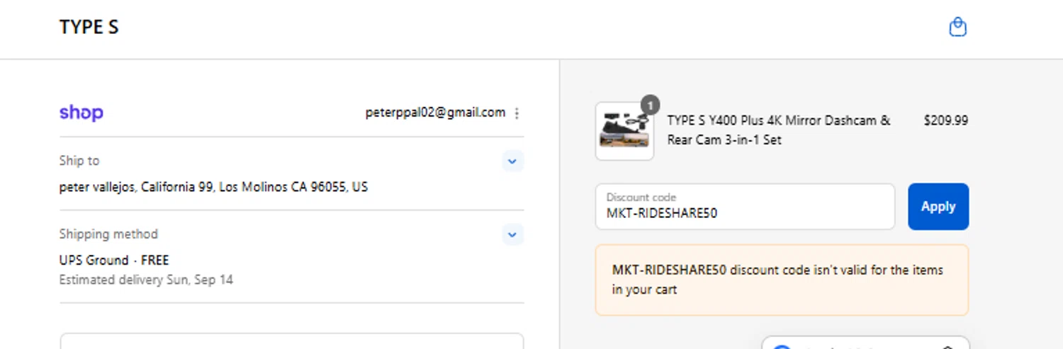 Type S promo code screenshot showing code MKT-RIDESHARE50 applied at Type S checkout page. Uploaded by SimplyCodes community member ricardoramirez1 on Sep 10, 2025