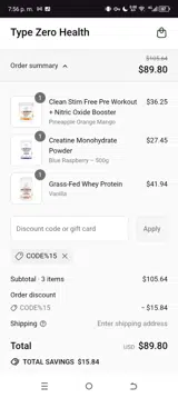 CODE%15 coupon verification screenshot