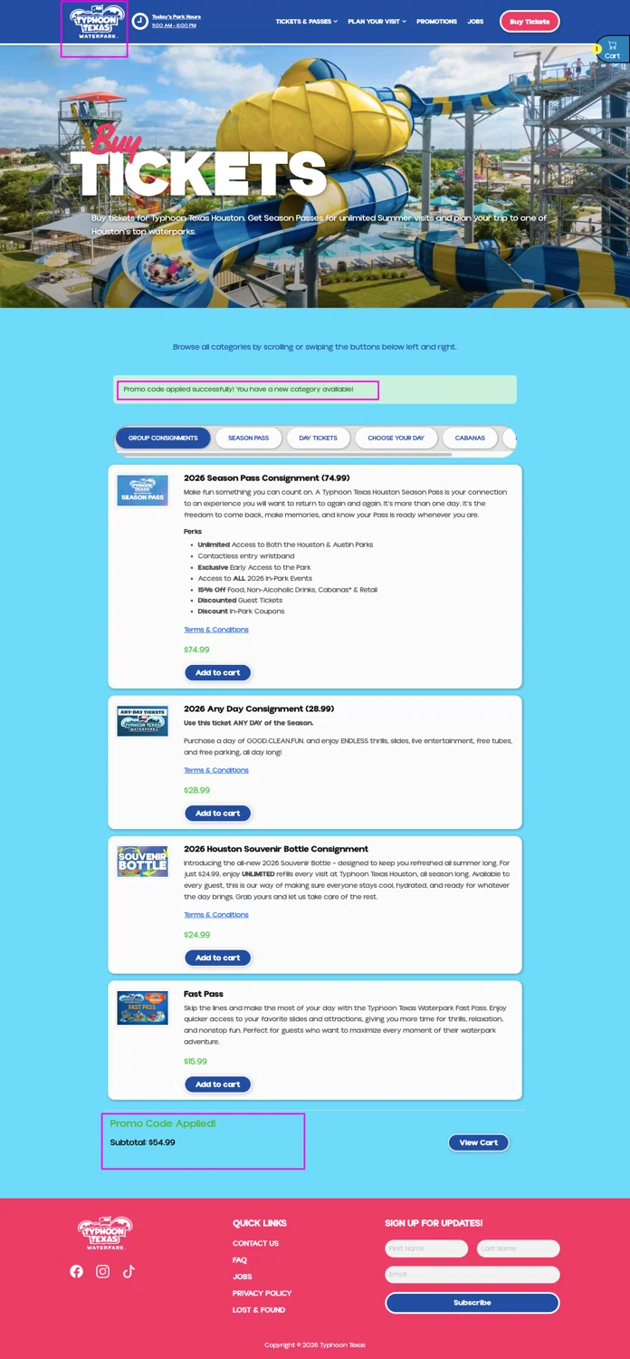 Typhoon Texas promo code screenshot showing code IDEA26 applied at Typhoon Texas checkout page. Uploaded by SimplyCodes community member chandlerbing on Jun 3, 2026