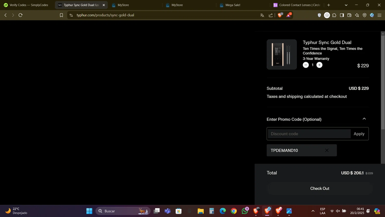 Typhur discount code screenshot showing code TPDEMAND10 applied at Typhur checkout page. Uploaded by SimplyCodes community member DealAdmiral5466 on Feb 20, 2025
