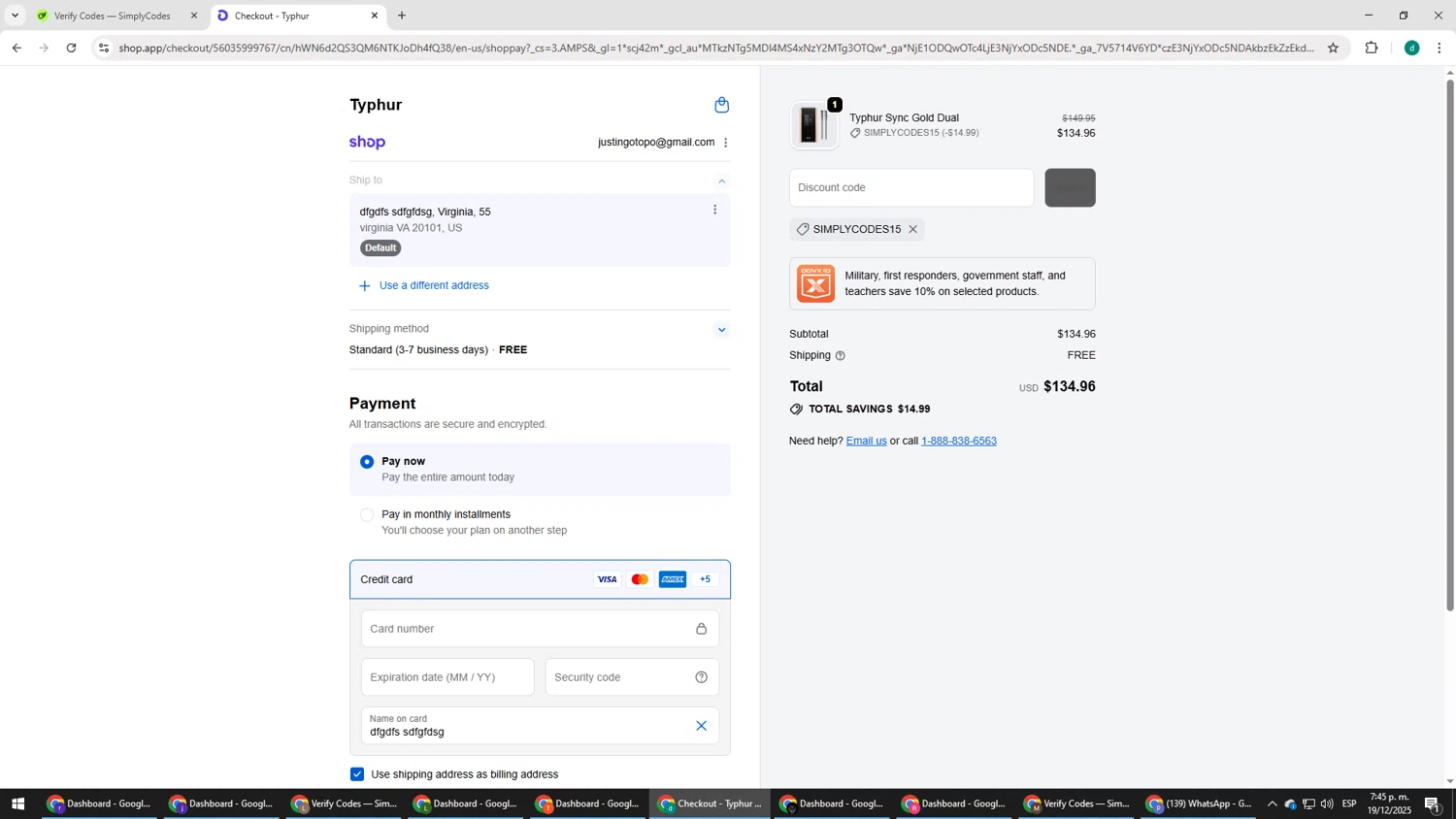 Typhur discount code screenshot showing code simplycodes15 applied at Typhur checkout page. Uploaded by SimplyCodes community member HEROESCUDA on Dec 19, 2025