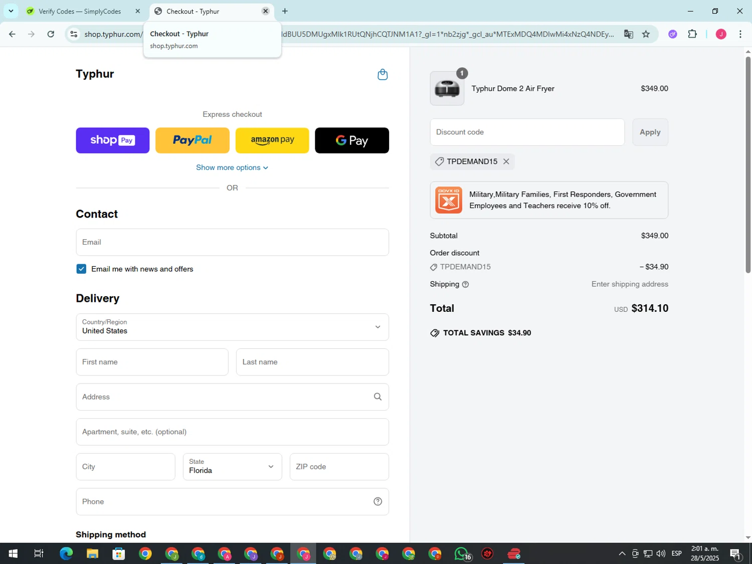 Typhur discount code screenshot showing code TPDEMAND15 applied at Typhur checkout page. Uploaded by SimplyCodes community member CleverShopper2101 on May 28, 2025