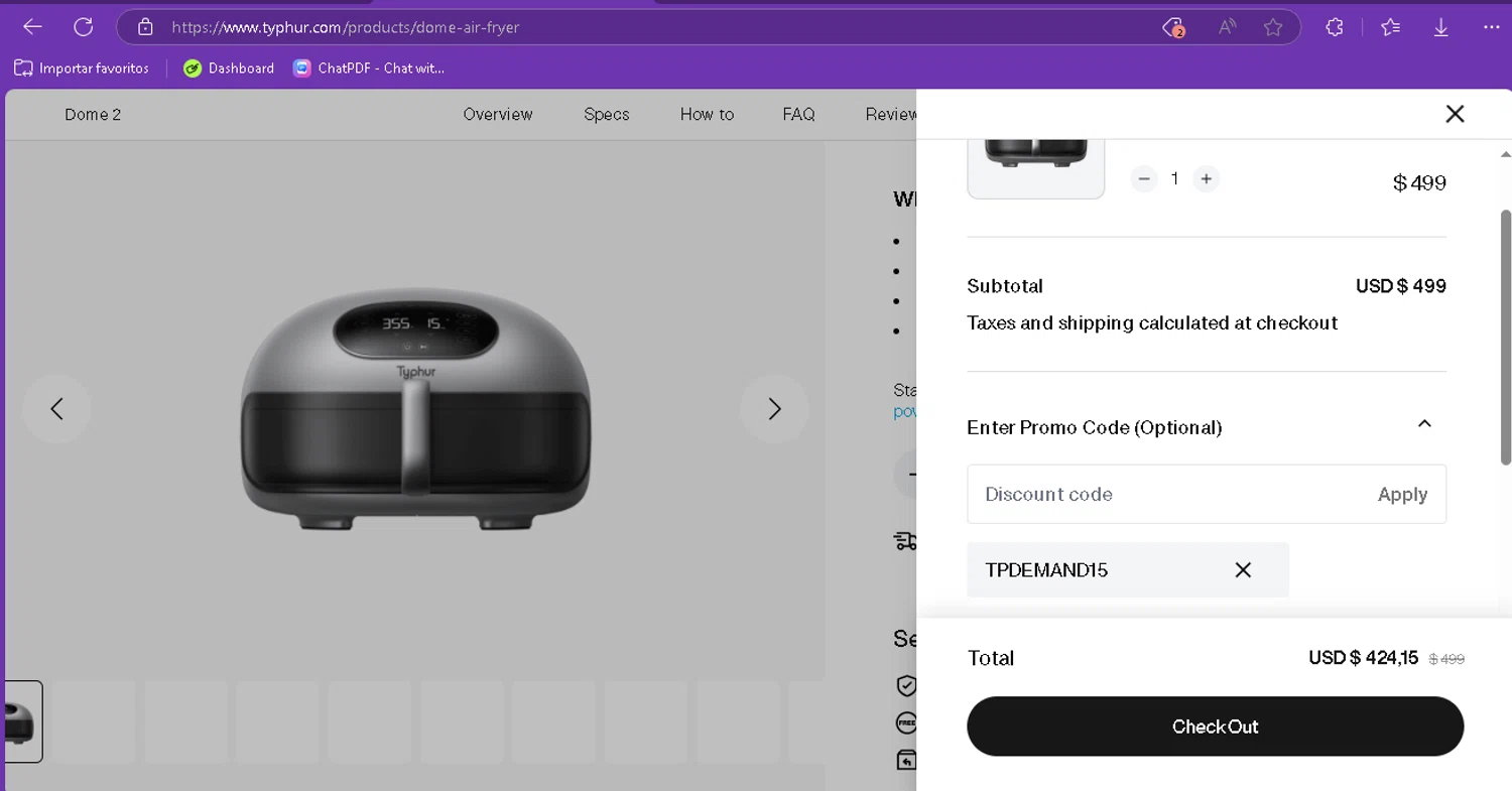 Typhur discount code screenshot showing code TPDEMAND15 applied at Typhur checkout page. Uploaded by SimplyCodes community member FredoGodofredo on Feb 20, 2025