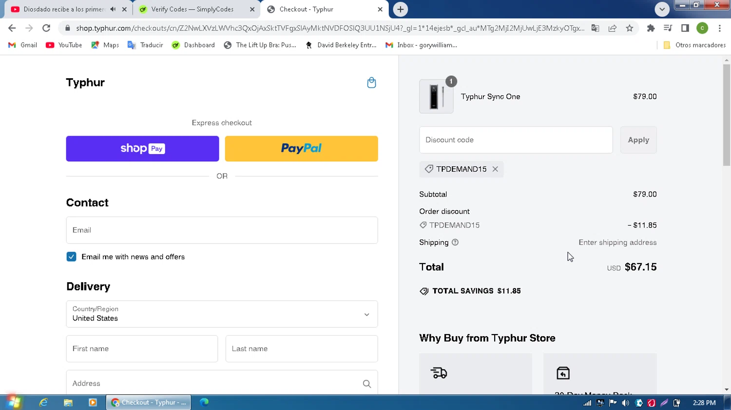Typhur discount code screenshot showing code TPDEMAND15 applied at Typhur checkout page. Uploaded by SimplyCodes community member MagnificentPilot8371 on Feb 11, 2025