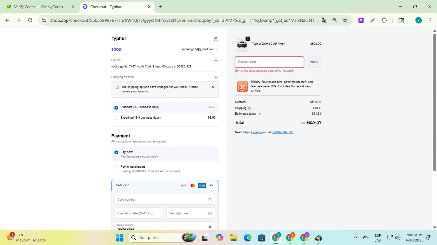 Typhur discount code screenshot showing code DOMEAFF50 applied at Typhur checkout page. Uploaded by SimplyCodes community member yadiracg074 on Oct 4, 2025