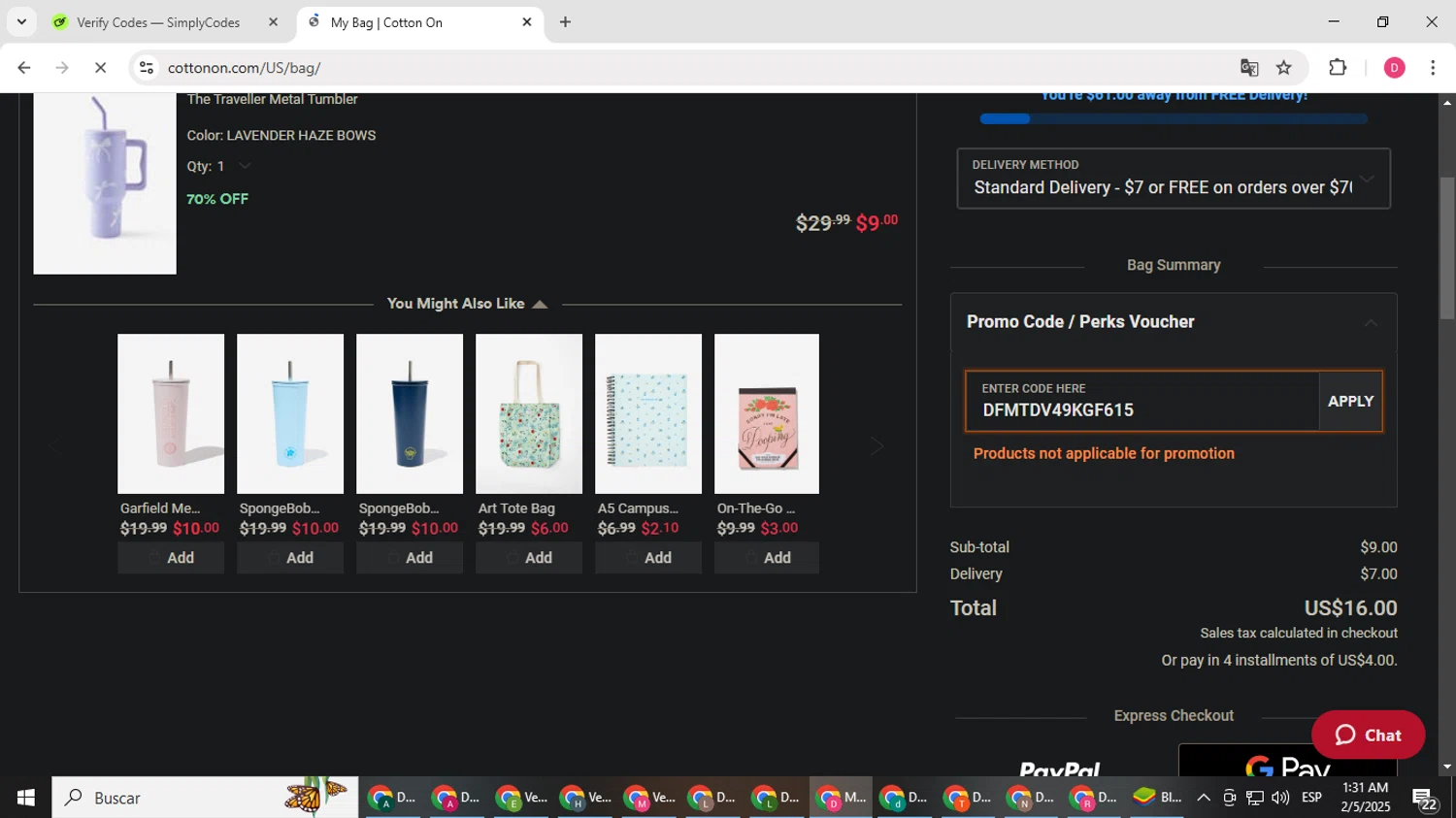 Typo promo code screenshot showing code DFMTDV49KGF615 applied at Typo checkout page. Uploaded by SimplyCodes community member LuckyHero4650 on Feb 5, 2025