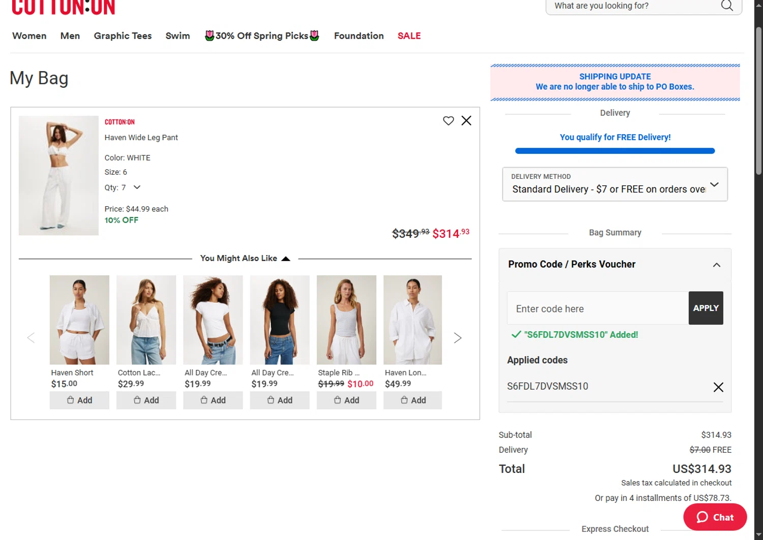 Typo promo code screenshot showing code S6FDL7DVSMSS10 applied at Typo checkout page. Uploaded by SimplyCodes community member Alejandra10 on Apr 22, 2025