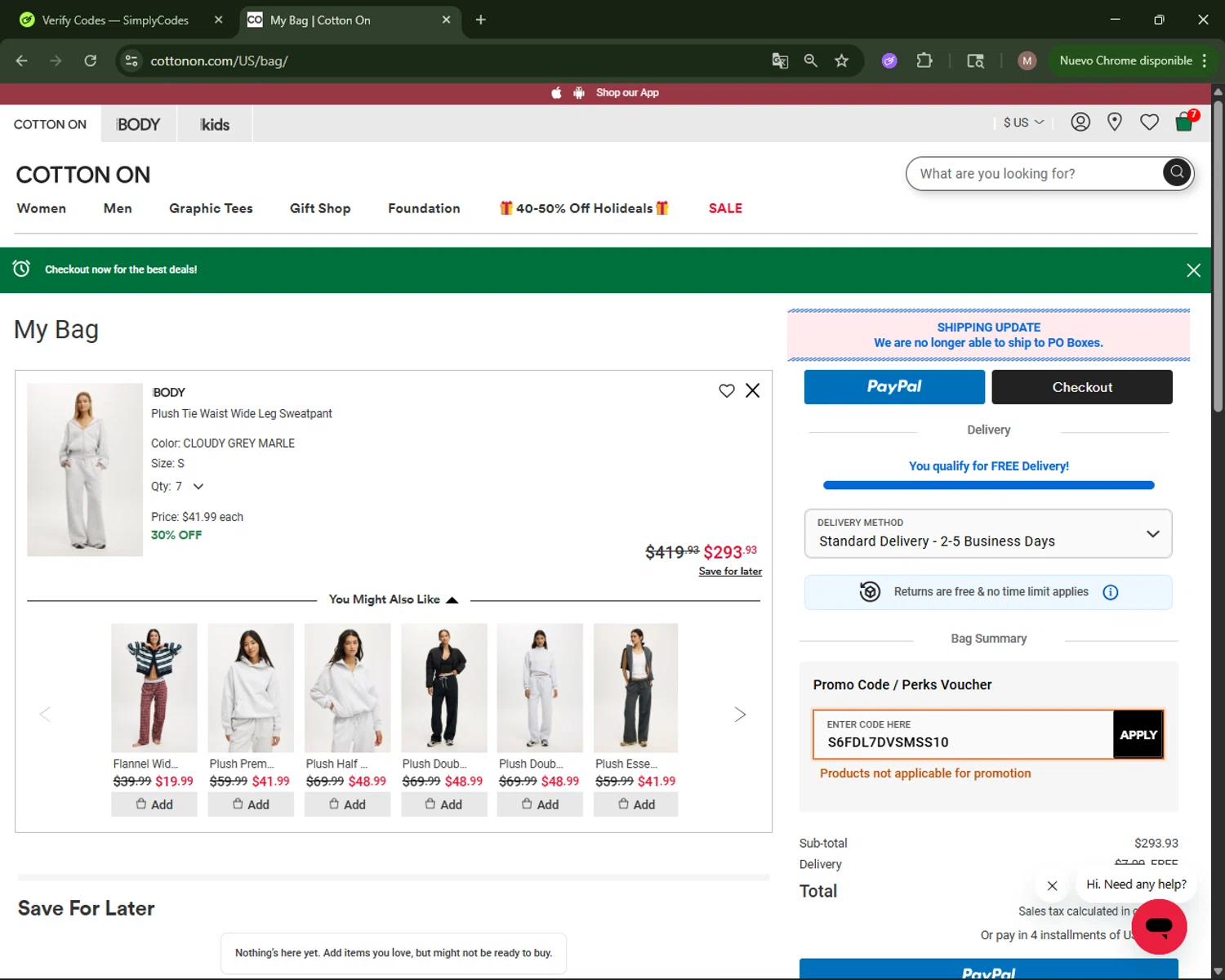 Typo promo code screenshot showing code S6FDL7DVSMSS10 applied at Typo checkout page. Uploaded by SimplyCodes community member CoinLegend4598 on Dec 13, 2025