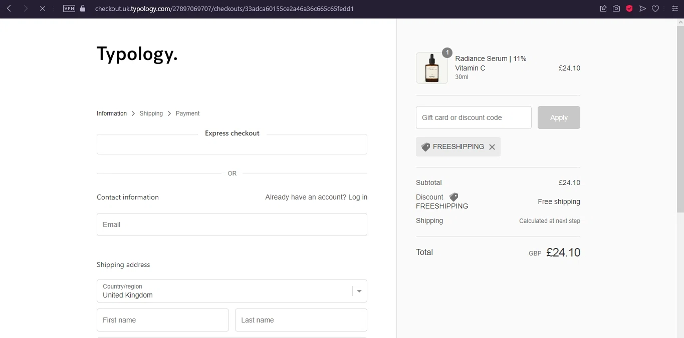 Typology checkout page showing Typology promo code box | Screenshot taken by SimplyCodes community member on Nov 11, 2022