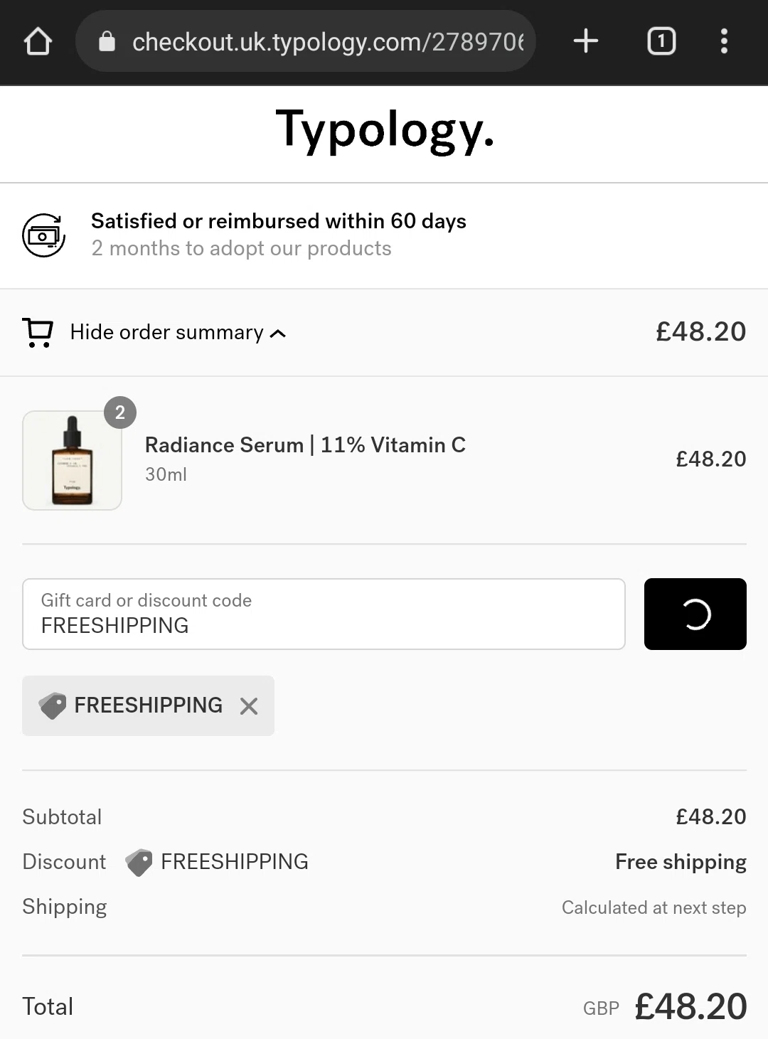 Typology checkout page showing Typology promo code box | Screenshot taken by SimplyCodes community member on Sep 25, 2022