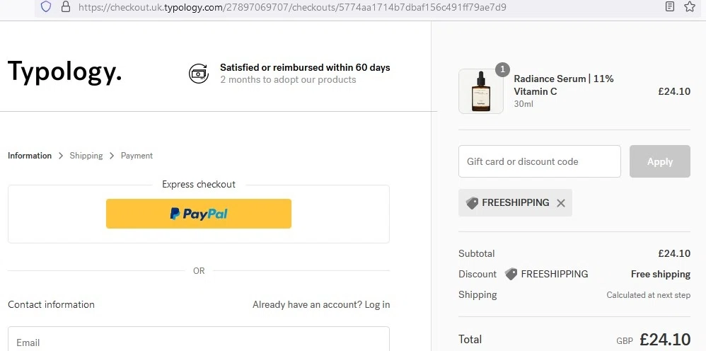 Typology checkout page showing Typology promo code box | Screenshot taken by SimplyCodes community member on Oct 1, 2022