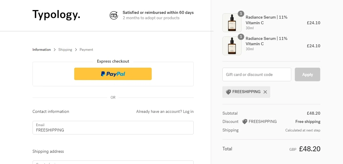 Typology checkout page showing Typology promo code box | Screenshot taken by SimplyCodes community member on Oct 29, 2022