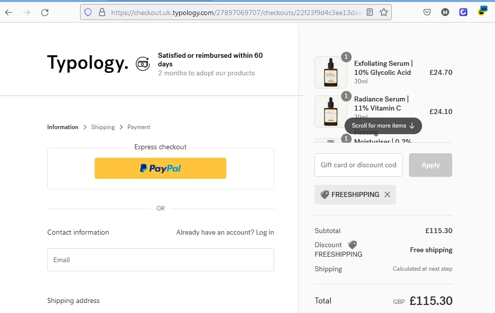 Typology checkout page showing Typology promo code box | Screenshot taken by SimplyCodes community member on Oct 16, 2022