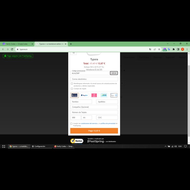 Typora checkout page showing Typora discount code box | Screenshot taken by SimplyCodes community member on Sep 6, 2023