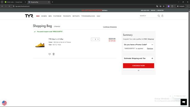 TYR checkout page showing TYR promo code box | Screenshot taken by SimplyCodes community member on Aug 16, 2025