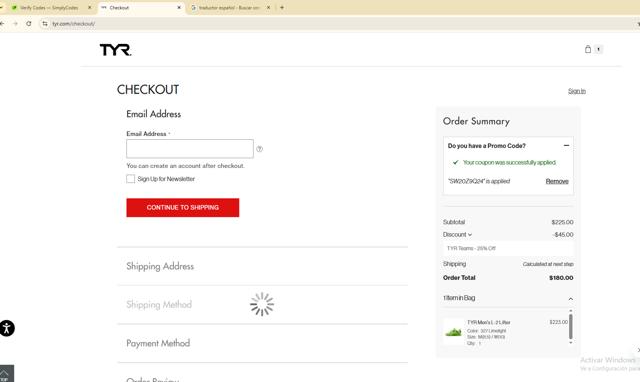 TYR checkout page showing TYR promo code box | Screenshot taken by SimplyCodes community member on Aug 26, 2025