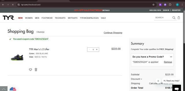 TYR checkout page showing TYR promo code box | Screenshot taken by SimplyCodes community member on Aug 16, 2025