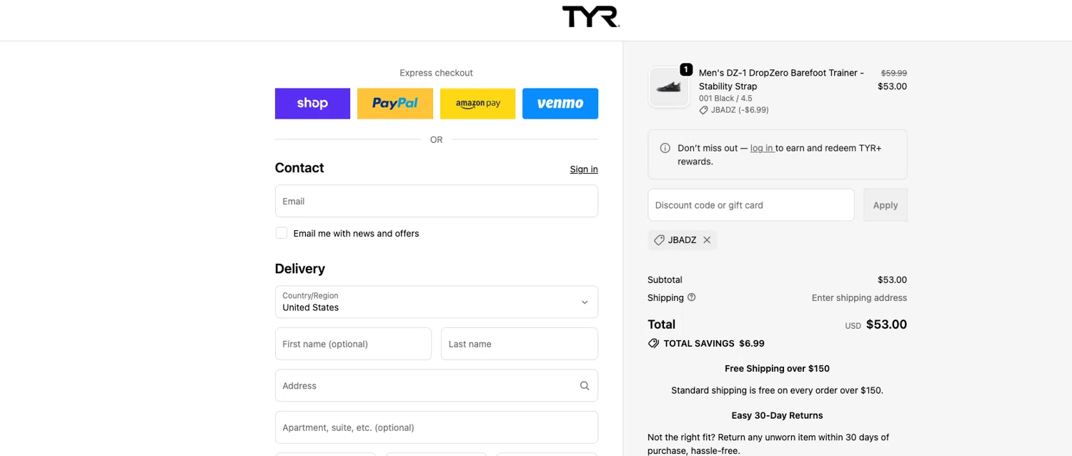 TYR promo code screenshot showing code JBADZ applied at TYR checkout page. Uploaded by SimplyCodes community member ELOIN777 on Jun 9, 2026