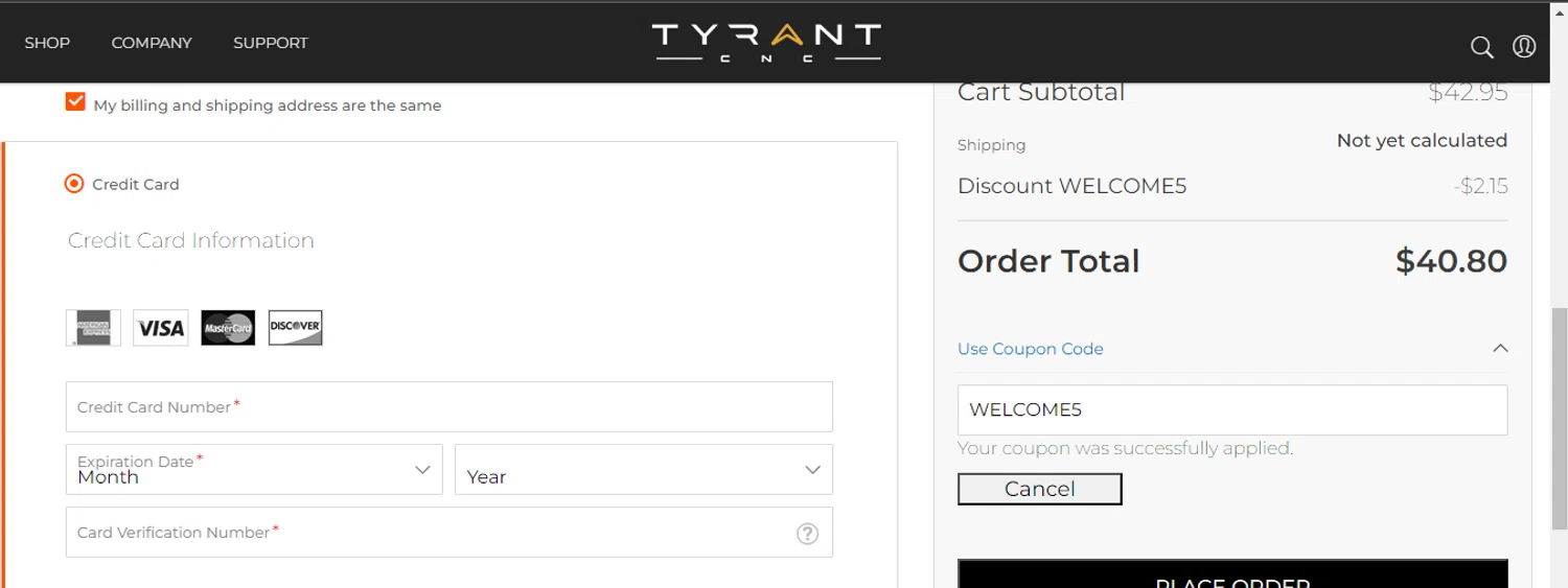 Tyrant Designs checkout page showing Tyrant Designs discount code box | Screenshot taken by SimplyCodes community member on Oct 6, 2023