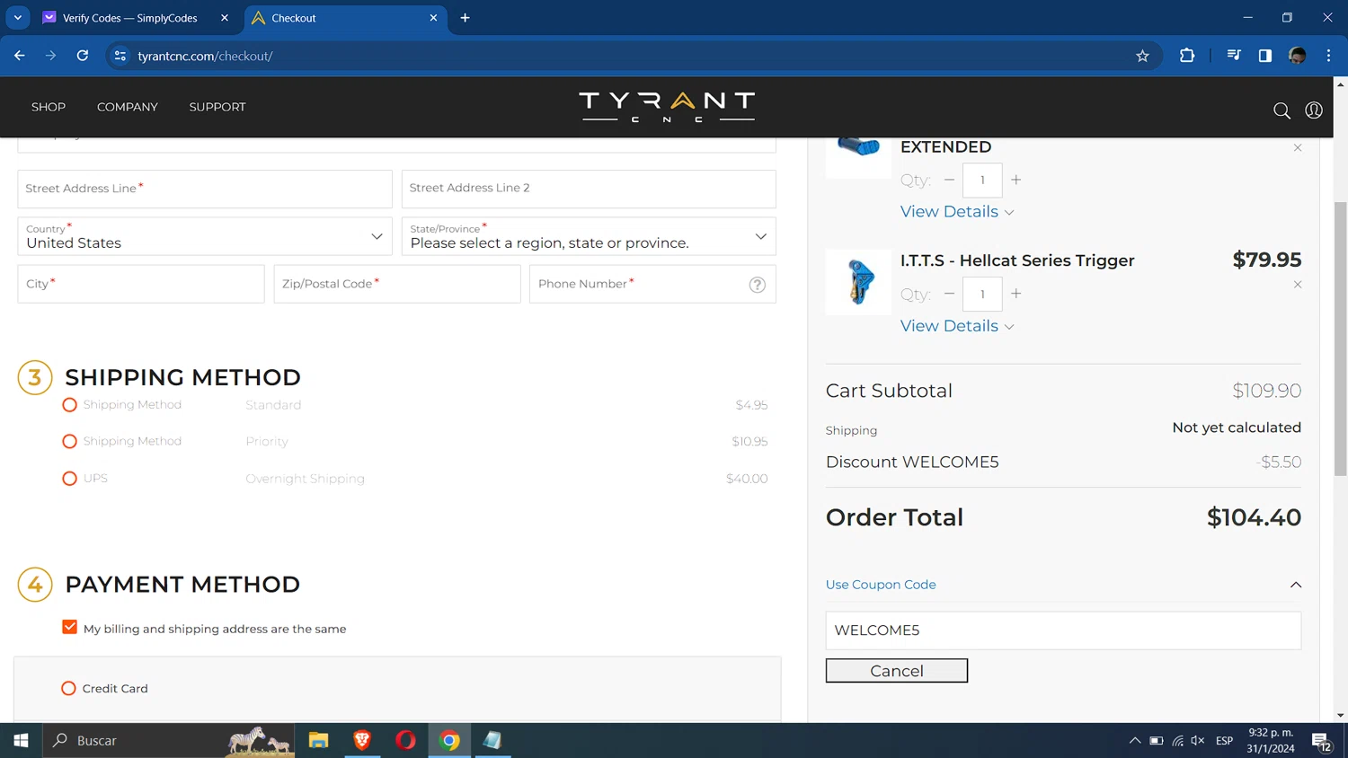 Tyrant Designs checkout page showing Tyrant Designs discount code box | Screenshot taken by SimplyCodes community member on Feb 1, 2024