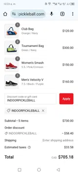 INDOORPICKLEBALL coupon verification screenshot