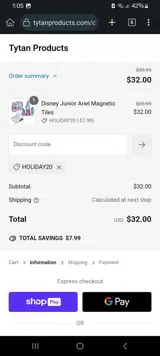 HOLIDAY20 coupon verification screenshot