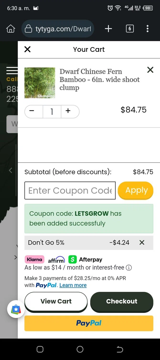 Ty Ty Nursery coupon code screenshot showing code LETSGROW applied at Ty Ty Nursery checkout page. Uploaded by SimplyCodes community member Mangoverde on Jun 22, 2025