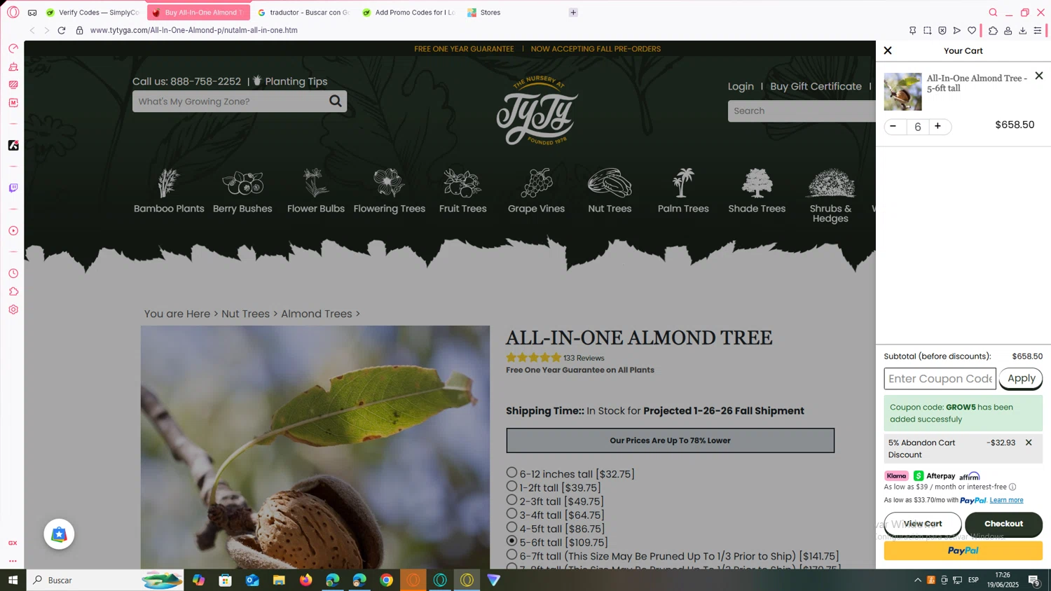 Ty Ty Nursery coupon code screenshot showing code GROW5 applied at Ty Ty Nursery checkout page. Uploaded by SimplyCodes community member JEUGENIO on Jun 19, 2025