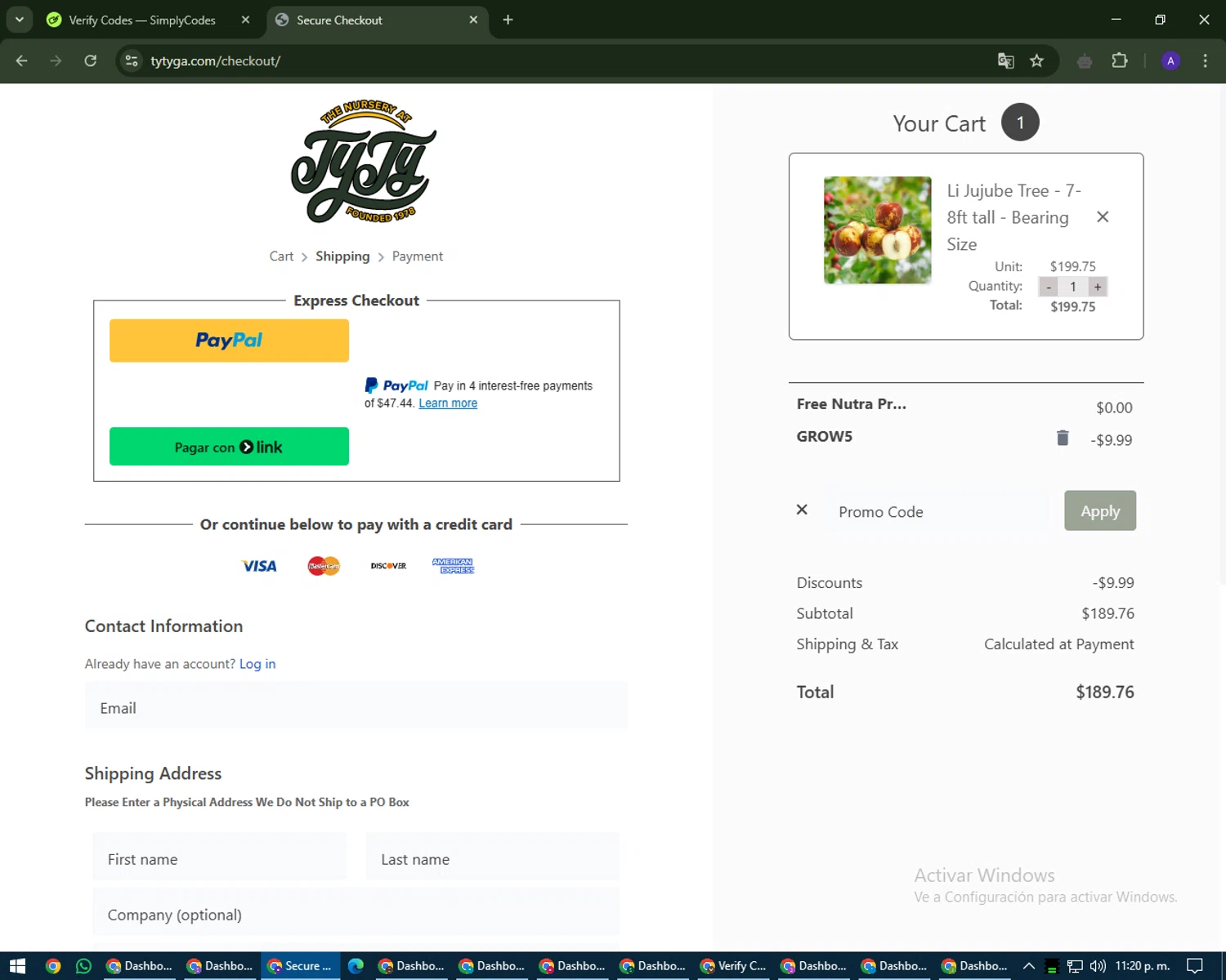 Ty Ty Nursery coupon code screenshot showing code GROW5 applied at Ty Ty Nursery checkout page. Uploaded by SimplyCodes community member MagnificentWarden4603 on Apr 9, 2025