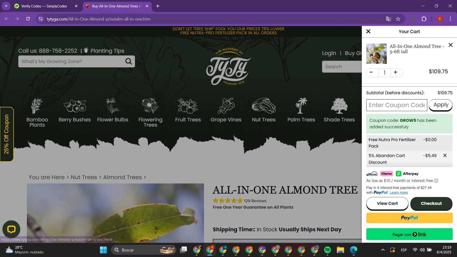 Ty Ty Nursery coupon code screenshot showing code GROW5 applied at Ty Ty Nursery checkout page. Uploaded by SimplyCodes community member PrimeTracker2179 on Apr 9, 2025