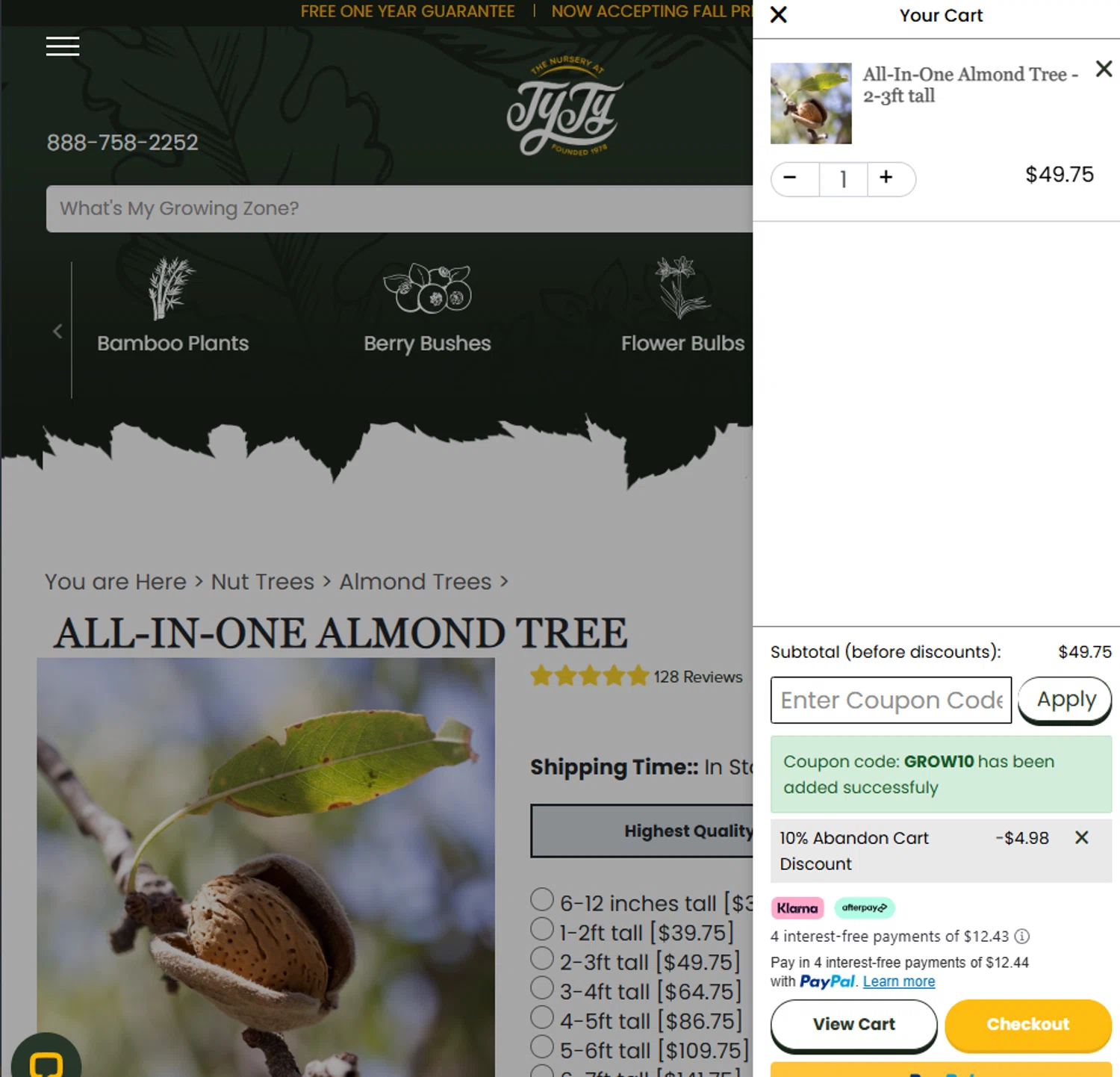 Ty Ty Nursery coupon code screenshot showing code GROW10 applied at Ty Ty Nursery checkout page. Uploaded by SimplyCodes community member Frionel_Pessi on Jan 20, 2025
