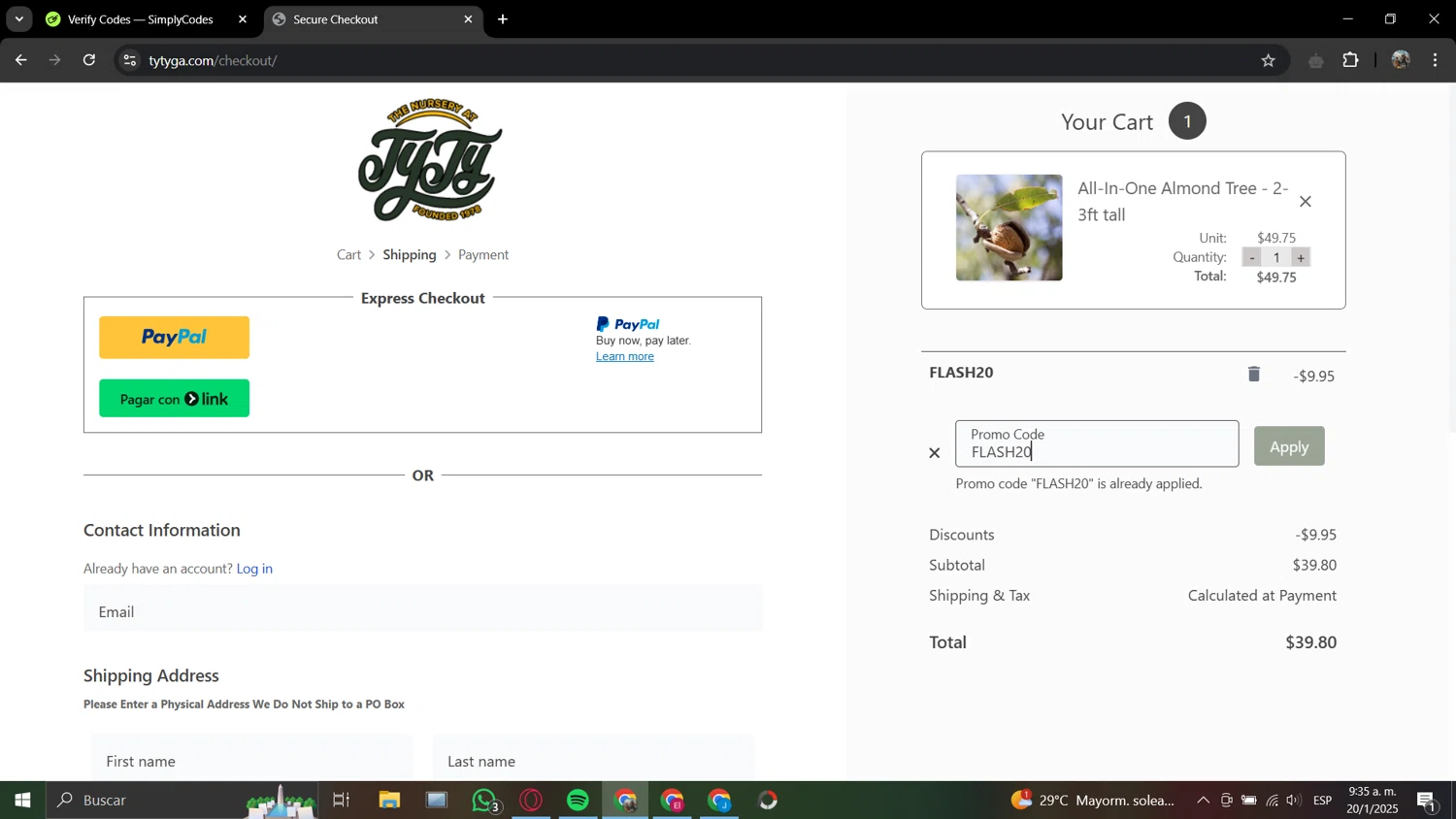 Ty Ty Nursery coupon code screenshot showing code GROW10 applied at Ty Ty Nursery checkout page. Uploaded by SimplyCodes community member JolyneCujoh on Jan 20, 2025