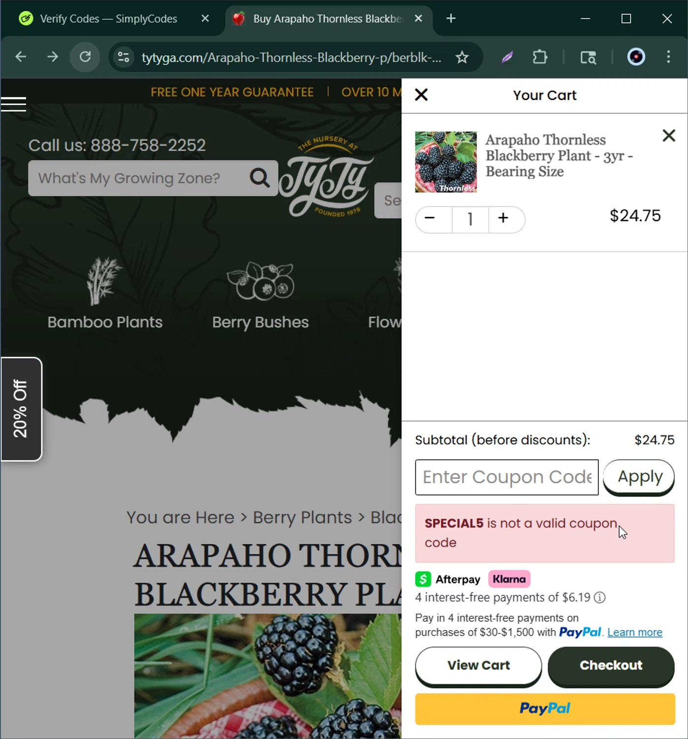 Ty Ty Nursery coupon code screenshot showing code SPECIAL5 applied at Ty Ty Nursery checkout page. Uploaded by SimplyCodes community member Bernard_Lowe on Nov 14, 2025