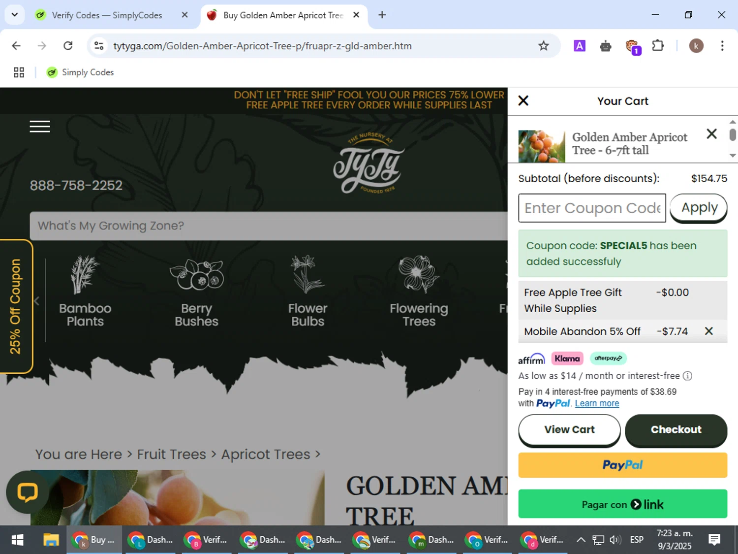 Ty Ty Nursery coupon code screenshot showing code SPECIAL5 applied at Ty Ty Nursery checkout page. Uploaded by SimplyCodes community member RewardRanger298 on Mar 9, 2025