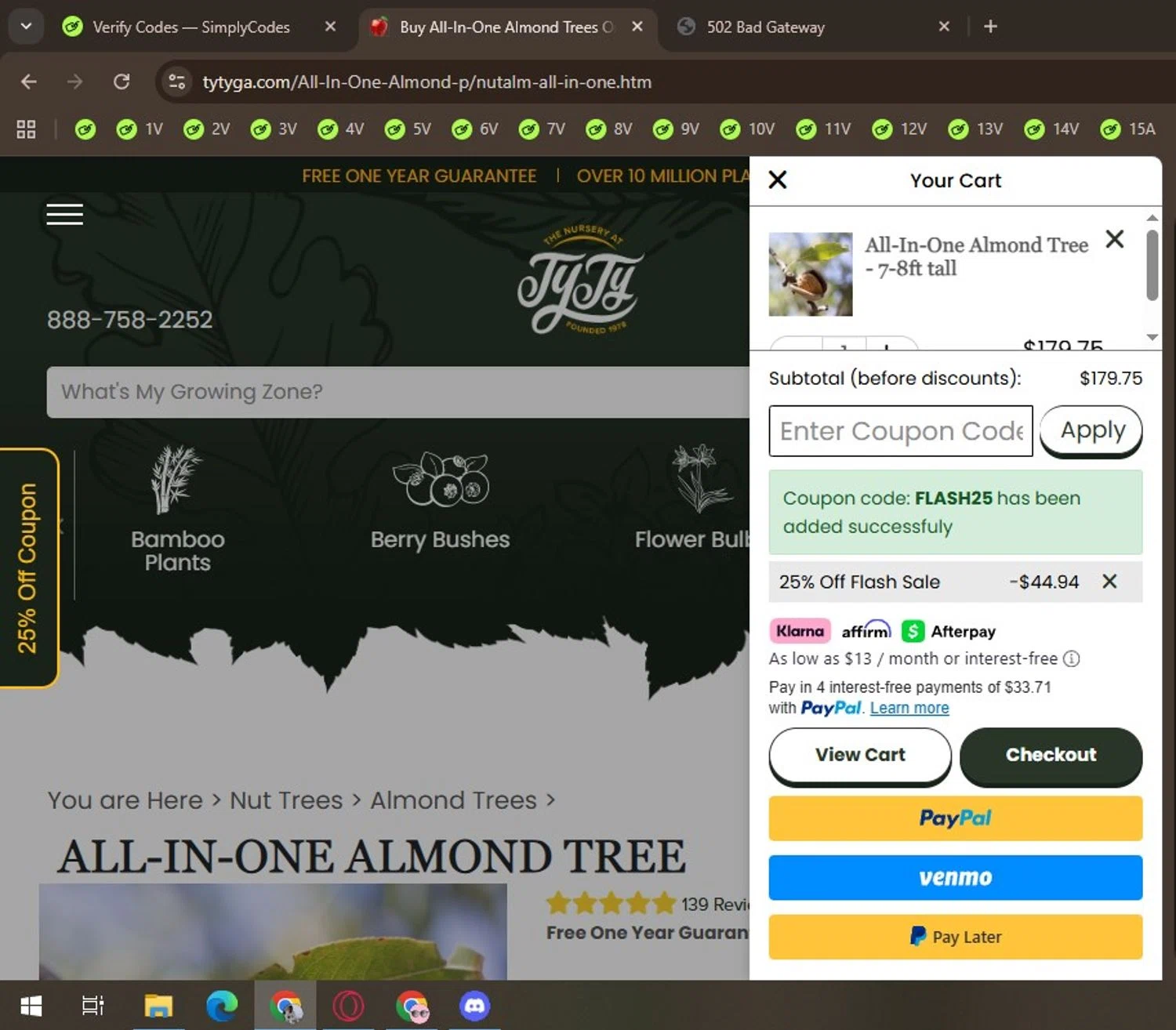 Ty Ty Nursery coupon code screenshot showing code FLASH25 applied at Ty Ty Nursery checkout page. Uploaded by SimplyCodes community member Locura on Dec 22, 2025