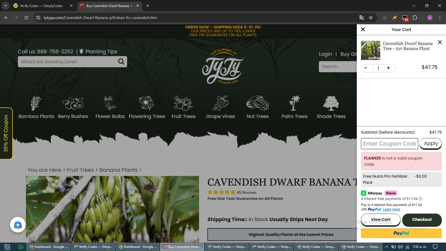 Ty Ty Nursery coupon code screenshot showing code FLASH25 applied at Ty Ty Nursery checkout page. Uploaded by SimplyCodes community member CouponScout5403 on May 18, 2025
