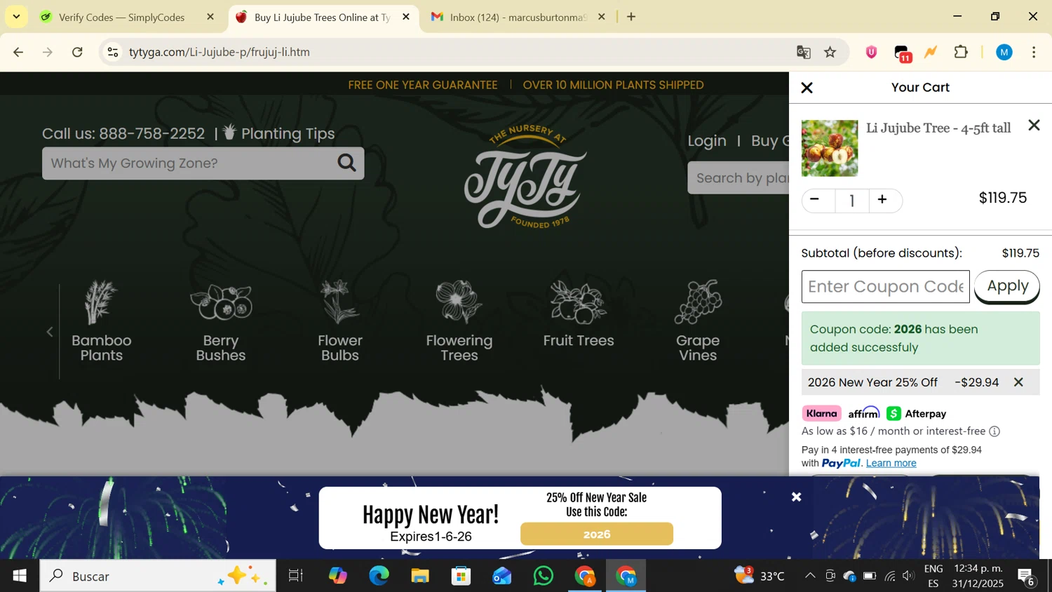 Ty Ty Nursery checkout page showing Ty Ty Nursery coupon code box | Screenshot taken by SimplyCodes community member on Dec 31, 2025