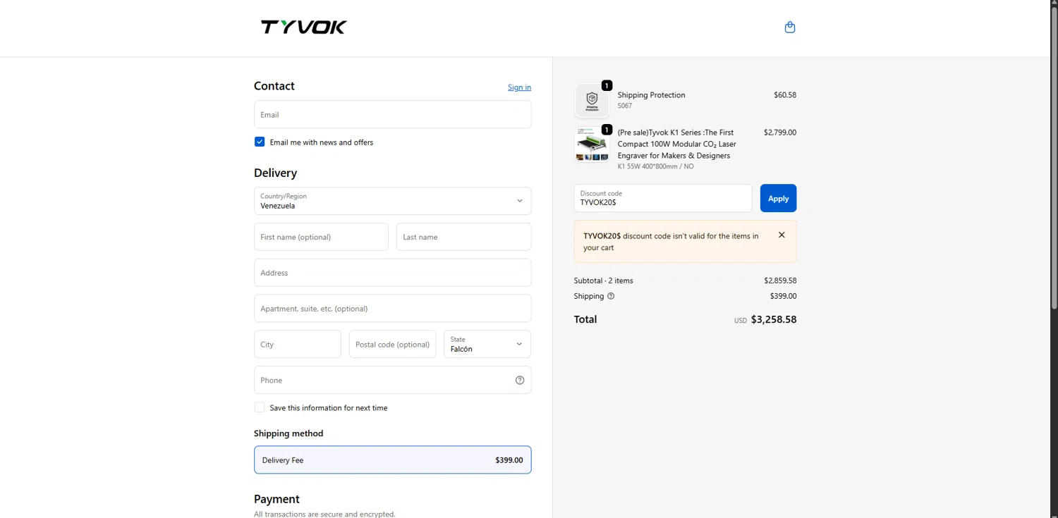 Tyvok Spider Laser promo code screenshot showing code TYVOK20$ applied at Tyvok Spider Laser checkout page. Uploaded by SimplyCodes community member FortunateDefender7285 on Oct 20, 2025