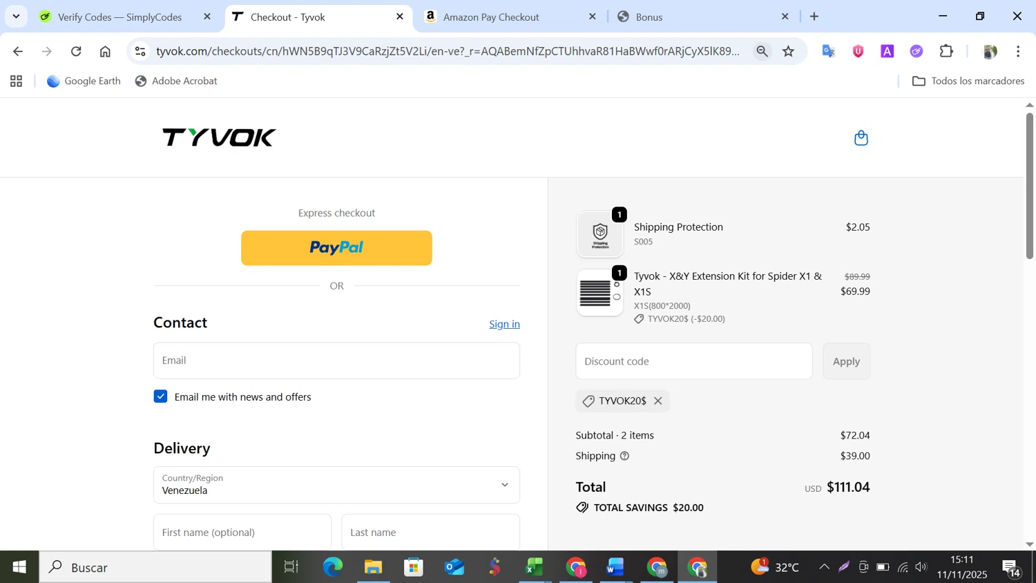 Tyvok Spider Laser promo code screenshot showing code TYVOK20$ applied at Tyvok Spider Laser checkout page. Uploaded by SimplyCodes community member NobleMonarch5837 on Nov 11, 2025