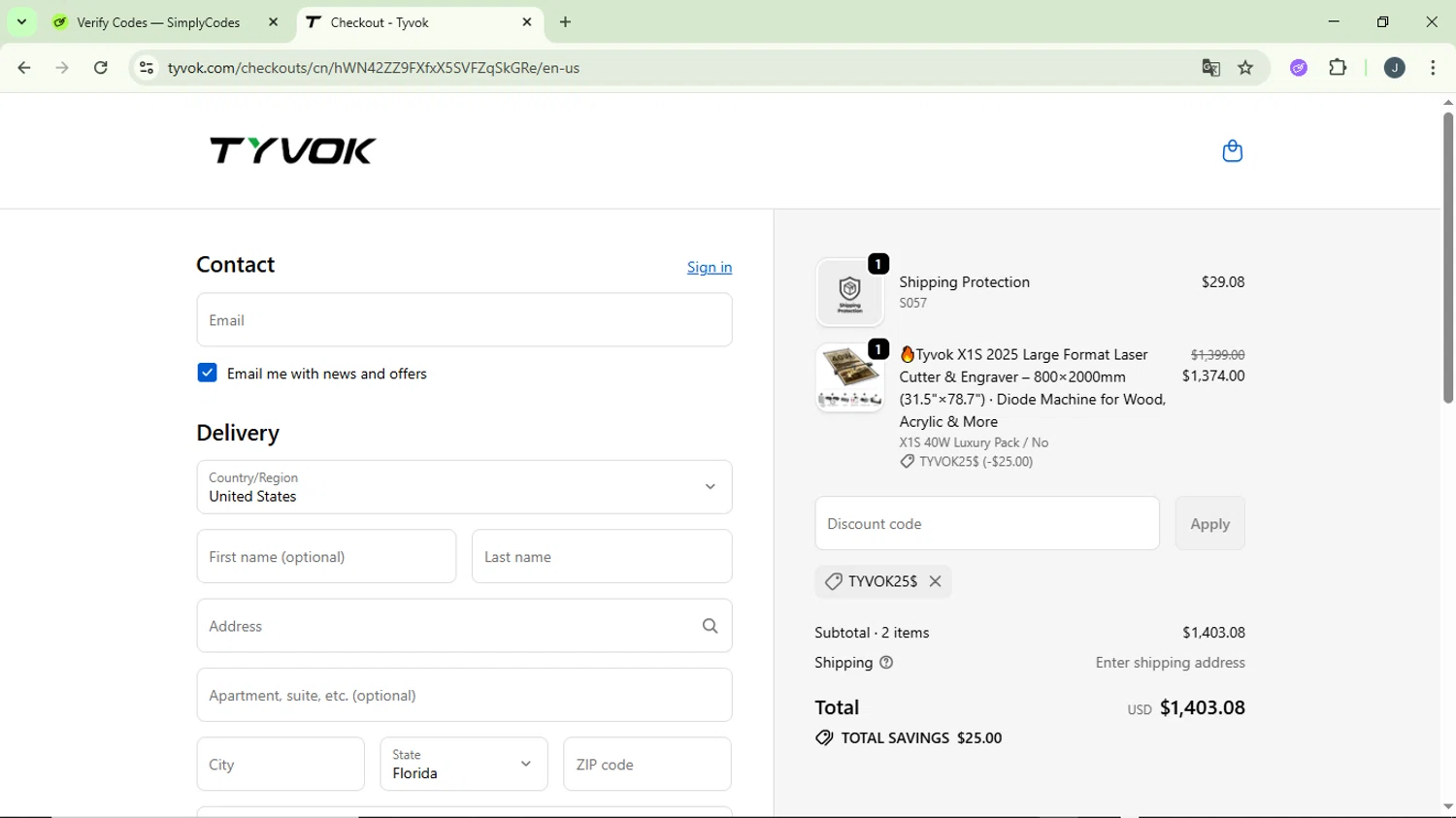 Tyvok Spider Laser promo code screenshot showing code TYVOK25$ applied at Tyvok Spider Laser checkout page. Uploaded by SimplyCodes community member GloriousCollector9930 on Oct 12, 2025