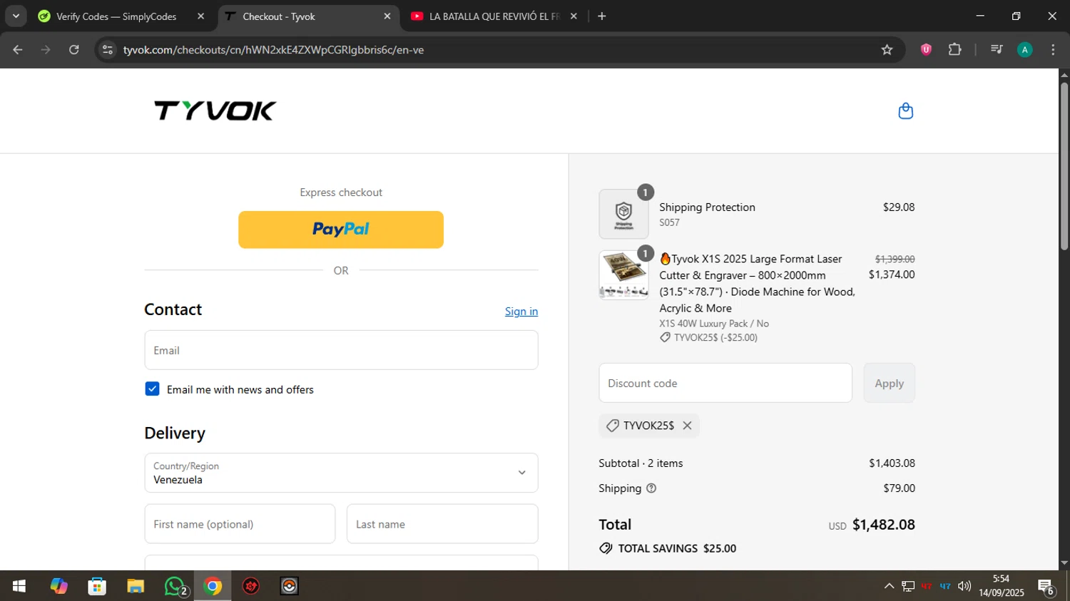Tyvok Spider Laser promo code screenshot showing code TYVOK25$ applied at Tyvok Spider Laser checkout page. Uploaded by SimplyCodes community member Holadiablo on Sep 14, 2025
