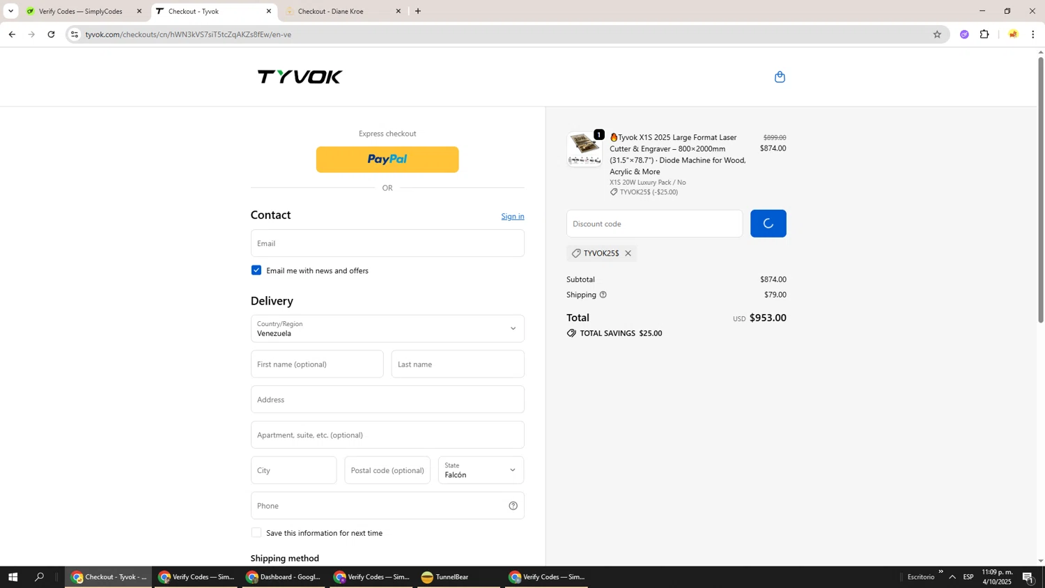 Tyvok Spider Laser promo code screenshot showing code TYVOK25$ applied at Tyvok Spider Laser checkout page. Uploaded by SimplyCodes community member Richard251 on Oct 5, 2025