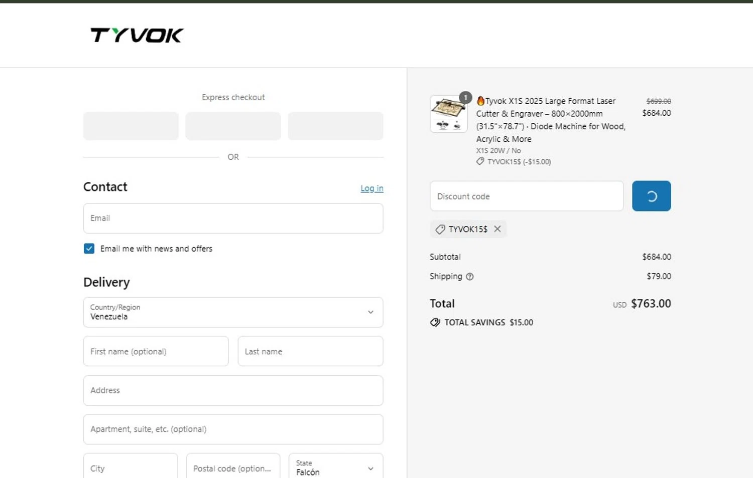 Tyvok Spider Laser promo code screenshot showing code TYVOK15$ applied at Tyvok Spider Laser checkout page. Uploaded by SimplyCodes community member BargainRanger2568 on Jul 21, 2025