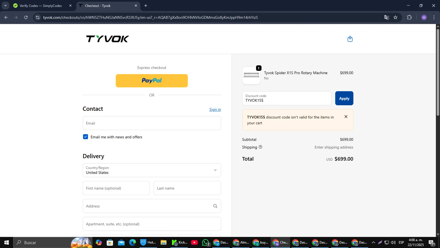 Tyvok Spider Laser promo code screenshot showing code TYVOK15$ applied at Tyvok Spider Laser checkout page. Uploaded by SimplyCodes community member CouponGuardian8137 on Nov 22, 2025
